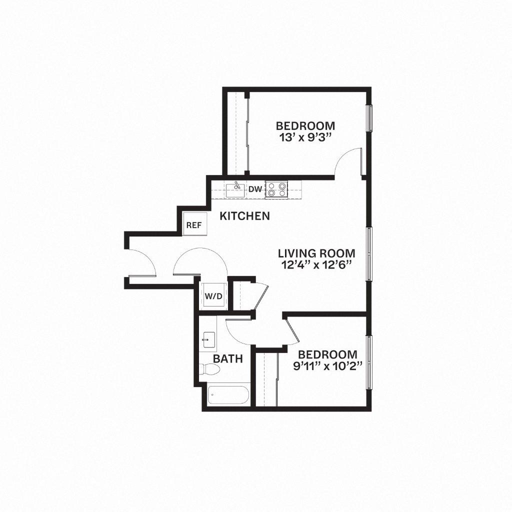 Floor plan for 2 beds, 1 bath, 733 sqft
